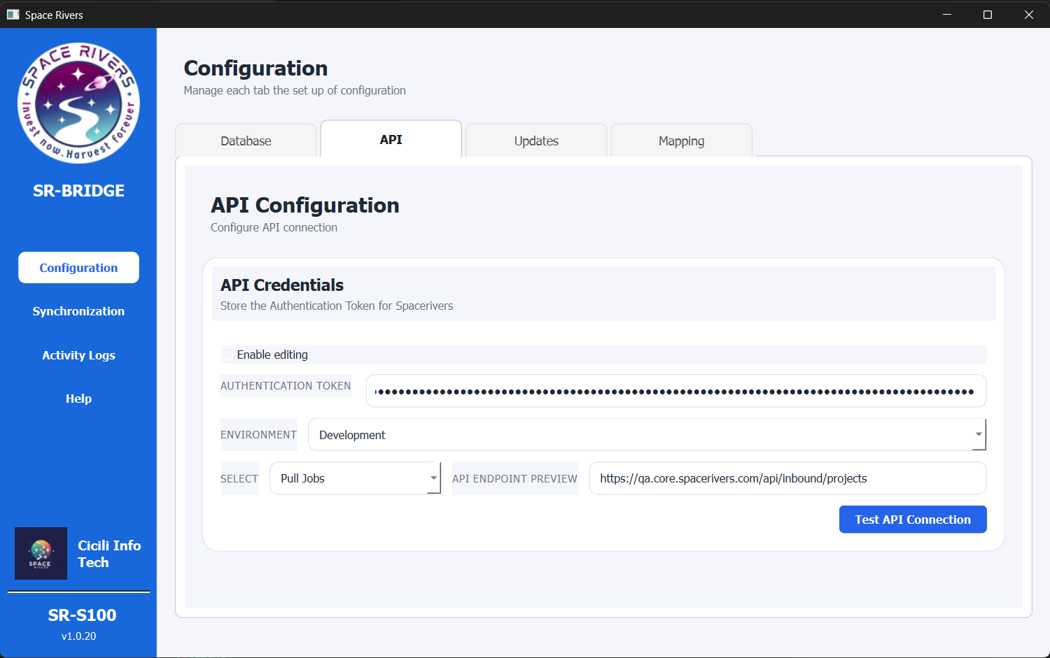 API Configuration screen