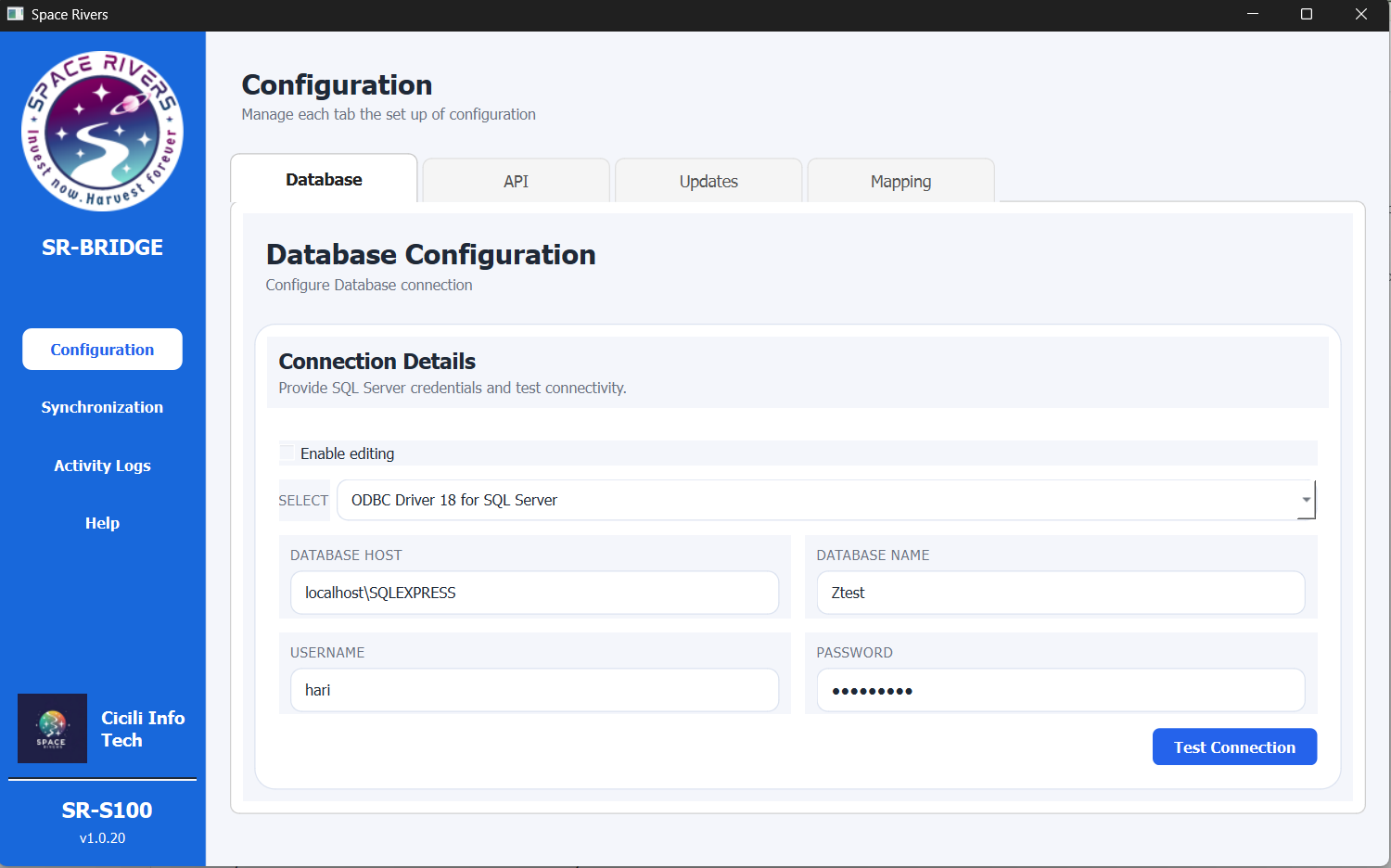 Database Configuration screen