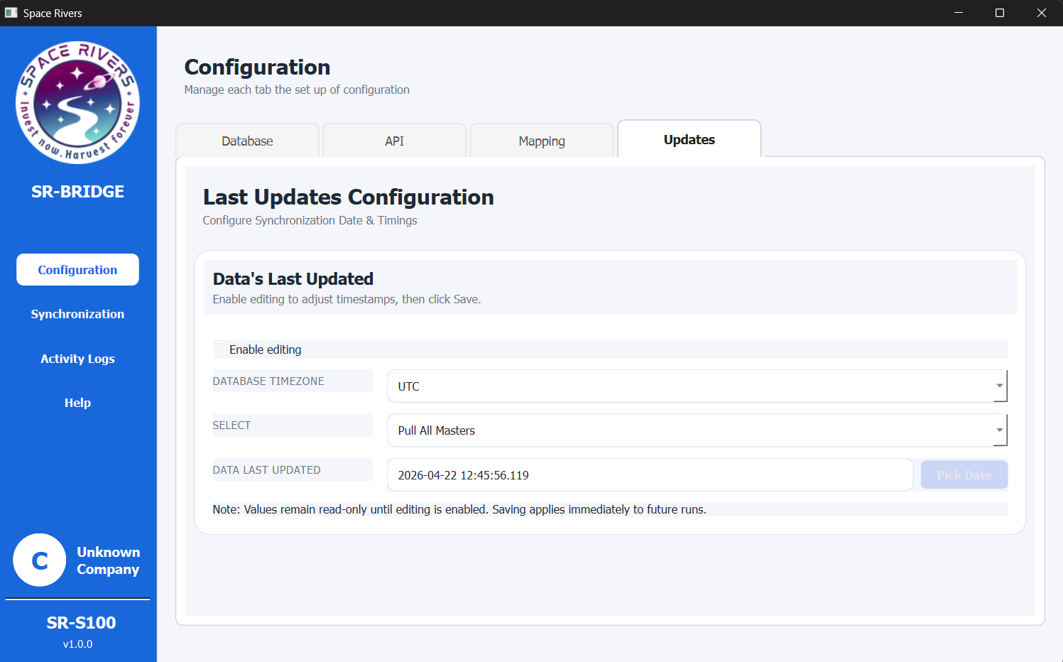 Updates Configuration screen